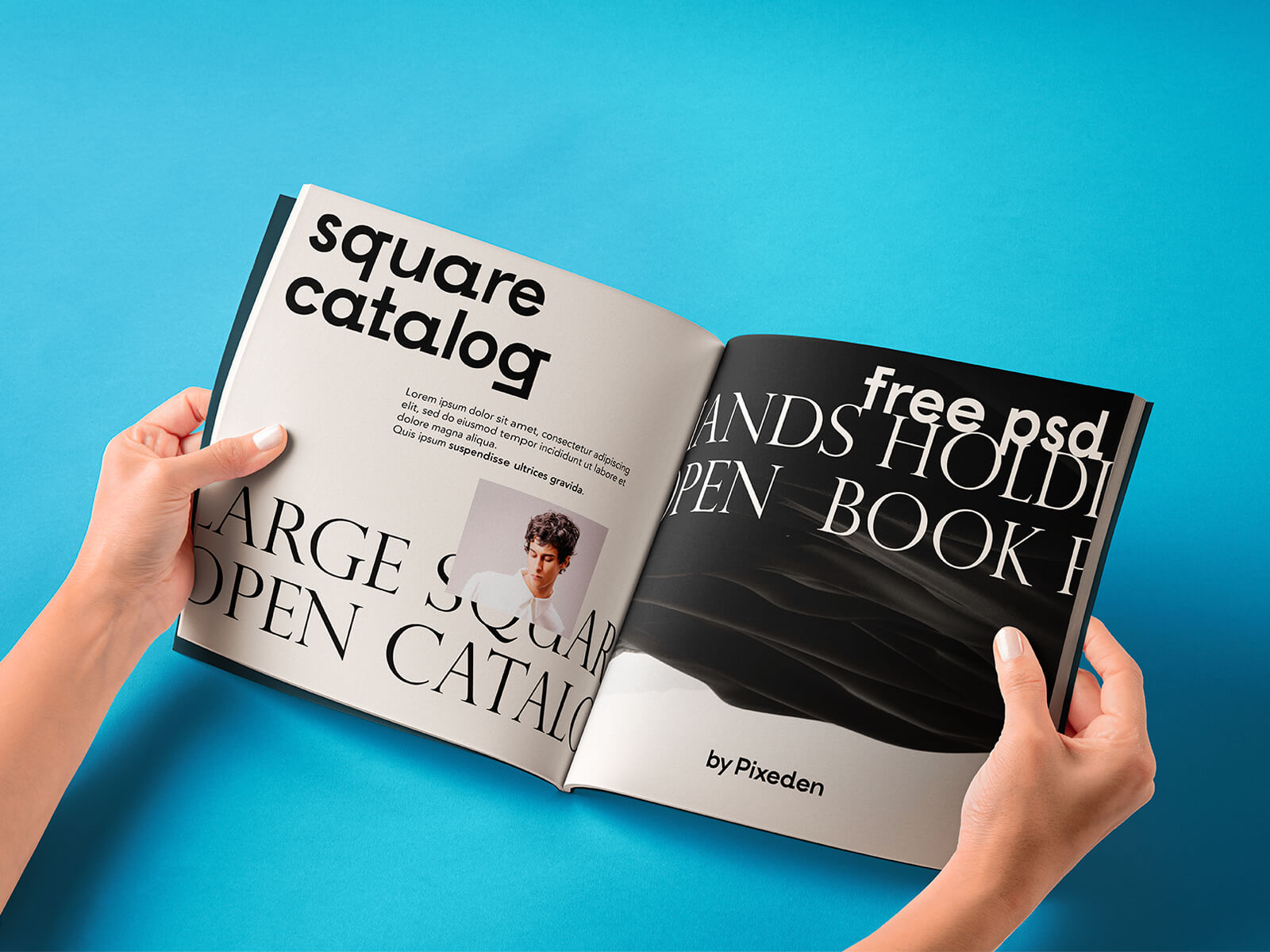 Hand Holding Square Open Catalogue Mockup