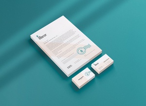 Isometric Stacked Letterhead & Business Card Stationery Mockup