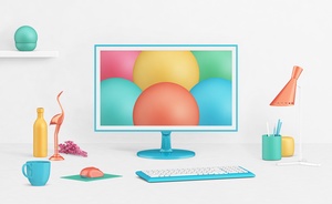 Photorealistic LCD Monitor Mockup with Decor Items