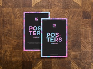 Posters on Wooden Background Mockup
