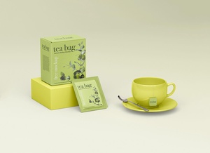 Tea Bag Sachet With Packaging Box Mockup