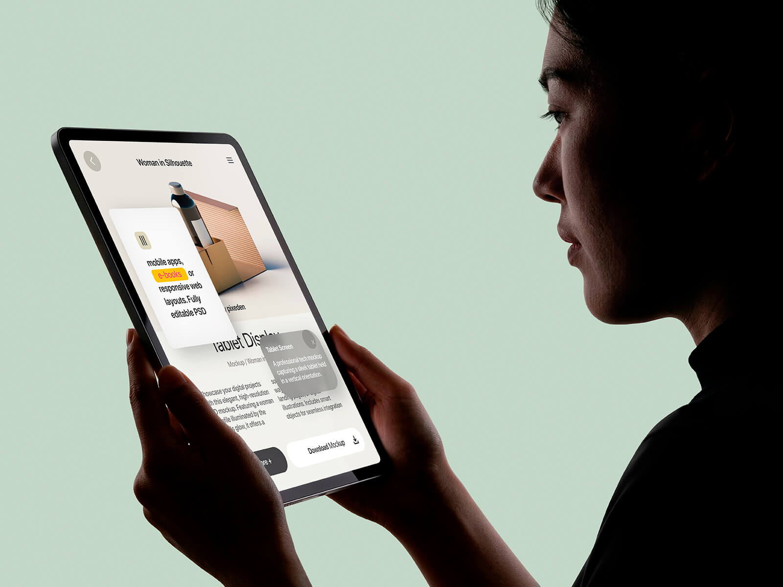 Frau in Silhouette hält ein iPad Pro-Modell in der Hand
