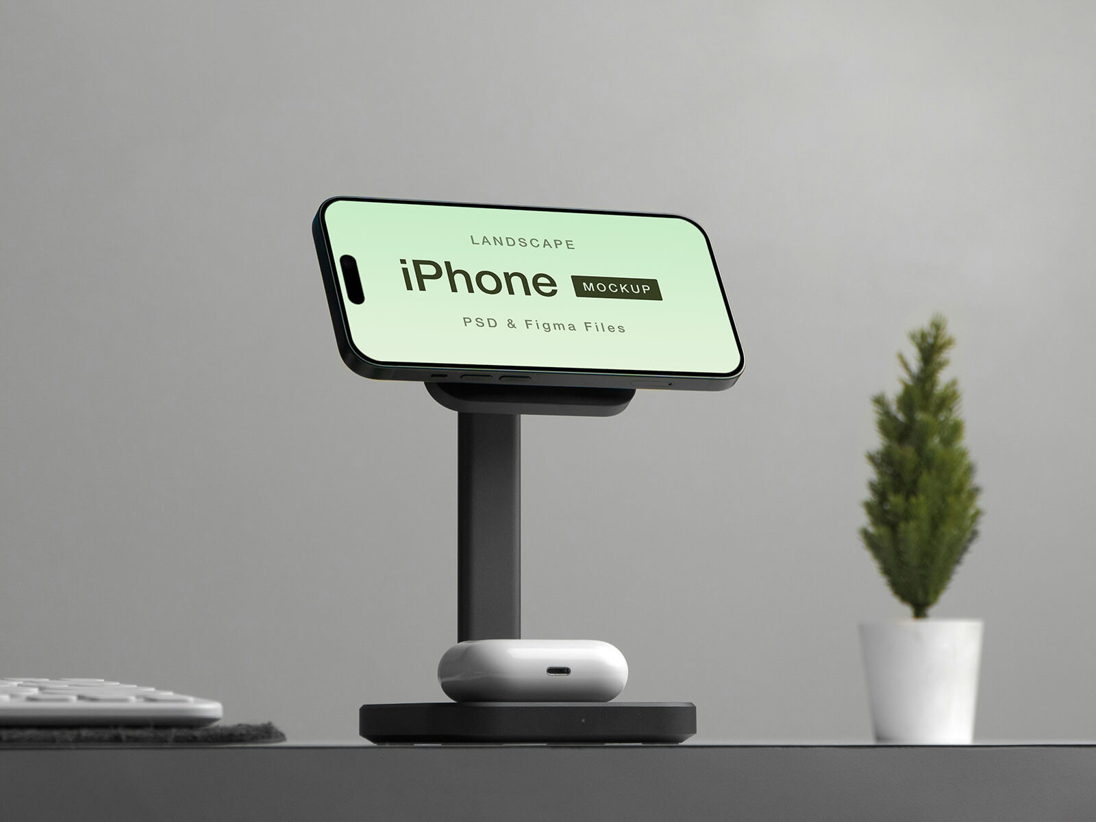 Horizontal iPhone On Wireless Charger Mockup & Figma Files
