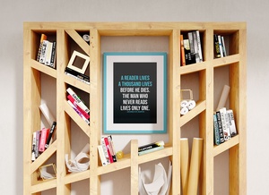 Framed Poster Mockup Inside Book Shelf