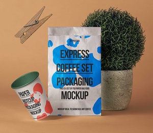 Free Coffee Bag & Paper Cup Mockup