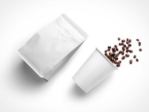 Coffee Beans Packaging Pouch & Paper Cup PSD Mockups