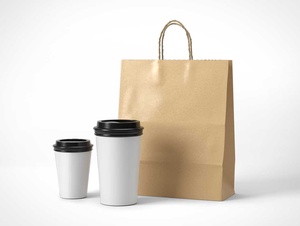 Tasses à café et sac à emporter PSD Mockups • PSD Mockups