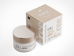 Cosmetic Cream Jar & Brand Box Packaging PSD Mockup