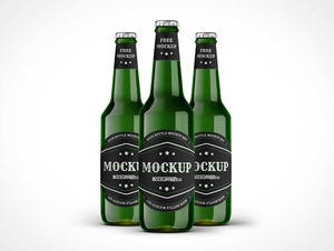 Green Glass Beer Bottles PSD Mockup