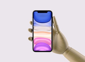 iPhone 11 Pro Max in Wooden Mannequin Hand Free Mockup