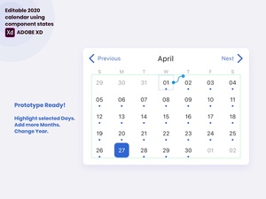 2020 Calendar For Adobe Xd